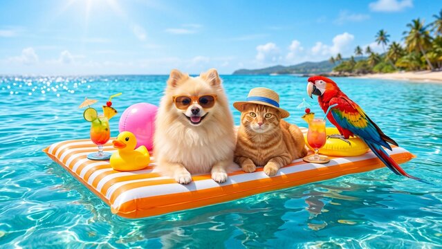 Pomeranian dog and tabby cat on inflatable raft in turquoise ocean with parrot cocktail and toys. Summer relaxation and fun concept with sunny sky and palm trees