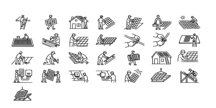 icon set collection of professional solar panel installation and maintenance on residential roofs for renewable energy and sustainable power generation.