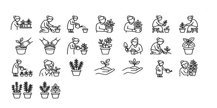 icon set collection of home gardening and plant care activities including watering, potting, and nurturing indoor and outdoor greenery plants.