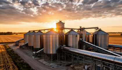 Obraz premium large silos at sunset with golden light illuminating the structures. These silos are part of an agricultural setting, emphasizing storage and farming.