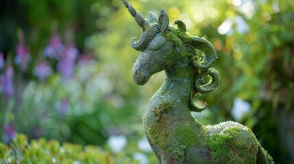 Fototapeta premium Moss-covered unicorn statue stands serene in garden. Gentle sunlight highlights textured greenery. Background blooms softly out of focus. Perfect for fantasy, magical themes, or nature content