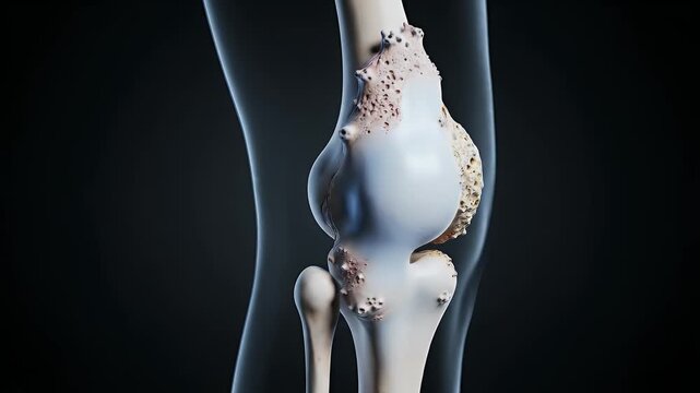 Detailed CGI Visualization of an Arthritic Human Knee Joint Showing Bone Degradation and Osteophyte Formation for Educational and Healthcare Presentation in a Dark Clinical Setting