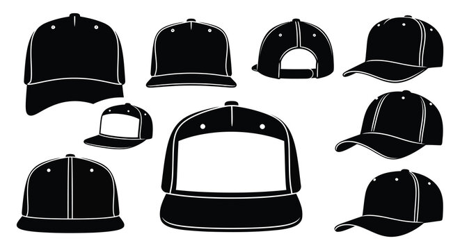 A collection of various baseball cap designs displayed in a stark contrasting black silhouette high quality professional detailed modern elegant stylish