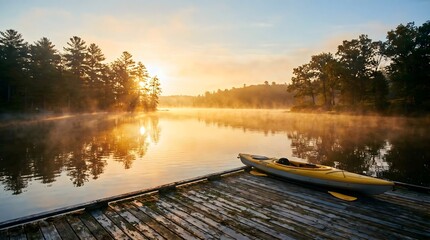 Naklejka premium Serene kayak on misty lake at sunrise
