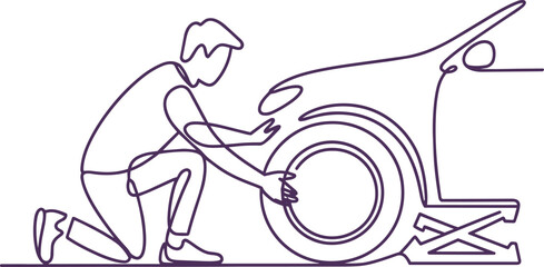 Fototapeta premium Person changing a car tire on a jack, minimalist line art illustration with line art, line art drawing