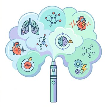 Graphic Showing Effects of Electronic Cigarette Vaping on Health With Related Symbols of Heart, Lungs, and Brain in a Cloud of Vapor