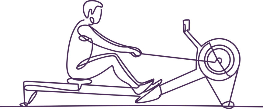 Person actively training on a rowing machine for a full-body workout, designed with continuous line art
