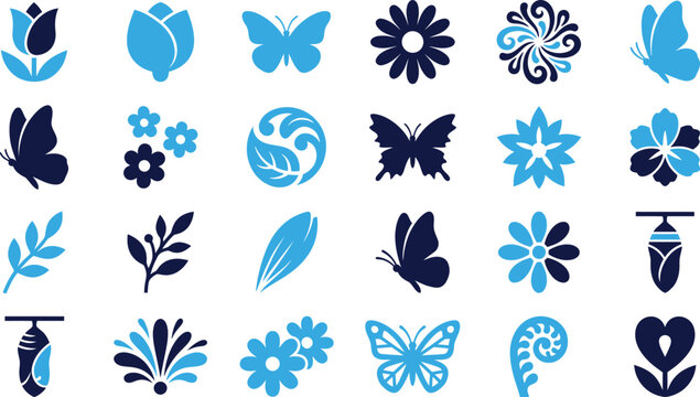 Set of blue and dark blue nature icons butterflies flowers leaves and cocoons on white background.