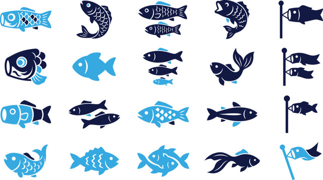 Collection of blue stylized fish icons for Japanese carp streamers koinobori decoration and sea life.