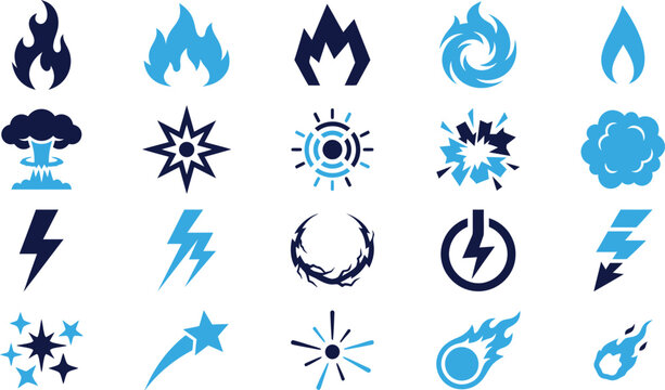 Collection of energy and elemental icons representing fire water air earth and abstract forces.
