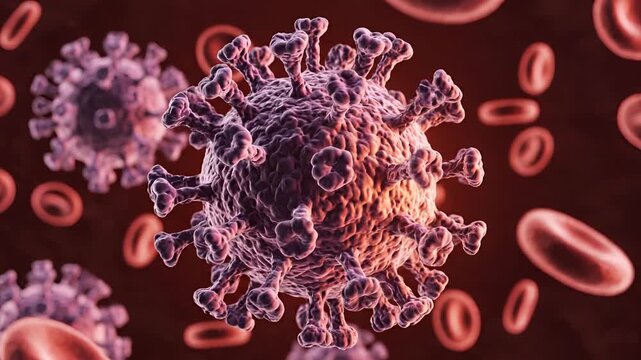 Microscopic view of Coronavirus particles and red blood cells in bloodstream 1.