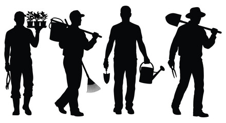A group of gardeners with various tools and plants are depicted in a striking black silhouette high quality professional detailed modern © GDMala02