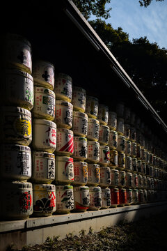 Ceremonial sake barrels at a temple in Tokyo, Japan.