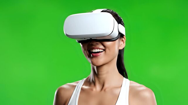 Young Woman Experiencing Virtual Reality with VR Headset on Green Screen.