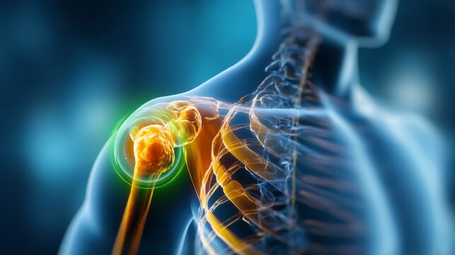 Shoulder joint anatomy with highlighted area of pain or inflammation