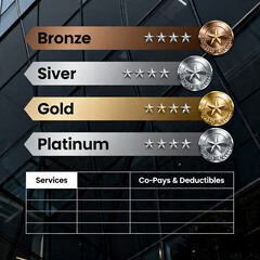 Naklejka premium Health insurance tier levels for bronze silver gold and platinum plans, medical services co-pays and deductibles chart, corporate benefit packages isolated on White Background