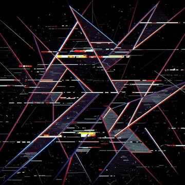 Sharp geometric shapes intersect against a black background, with vibrant neon colors evoking a sense of dynamic motion reminiscent of a digital glitch 