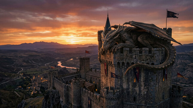 Epic Fortress at Sunset: A majestic fortress stands defiant against the twilight sky, guarded by a fearsome dragon, a symbol of power and fantasy.