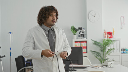 Fototapeta premium Man doctor in clinic building adjusts stethoscope and straightens white coat, hand to mouth gesture for thought; concern.