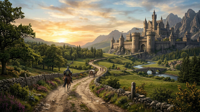 Journey to the Ancient Fortress: A picturesque landscape unfolds, with a winding road leading towards a majestic castle atop a hill. Horse rider traversing a path.