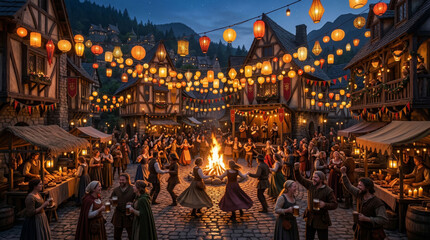 Obraz premium Enchanting Festival: A vibrant scene unfolds at a medieval festival, with lively dancers, glowing lanterns, and festive stalls. This image captures the essence of a bygone era.