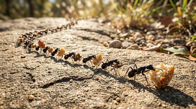 Low angle shot of black ants carrying crumbs of food in a long line across a sun-drenched stone surface with sharp shadows.