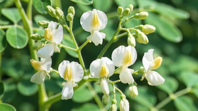 Closeup of delicate white moringa flowers blooming on a branch with green leaves in the background.