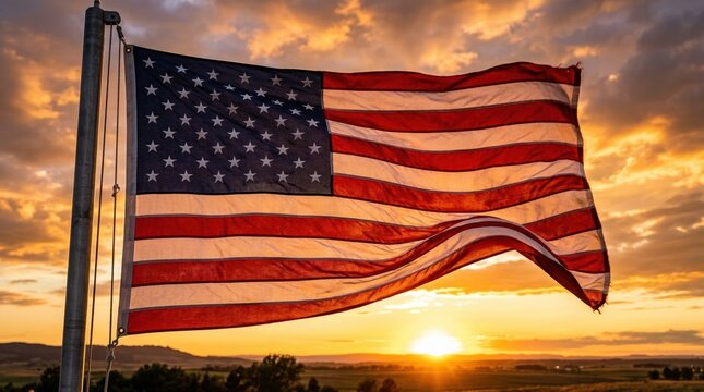 Close-up of the American flag with its stars and stripes billowing in the wind during a dramatic sunset with warm golden light.