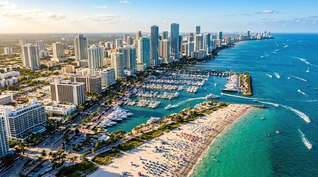 High-angle shot of a vibrant coastal city with a beautiful beach, a marina, and modern skyscrapers in the sunlight. The scene is