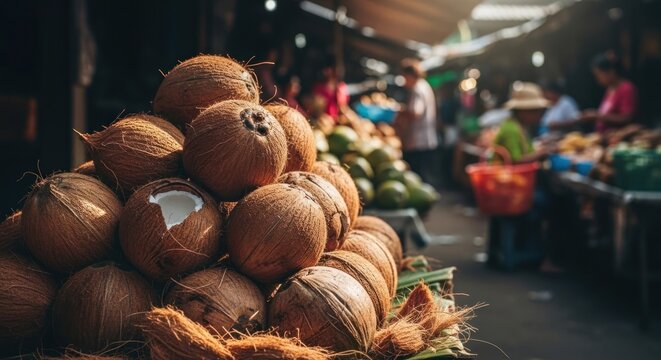 Fresh Coconuts Piled High at a Bustling Outdoor Market Stall.