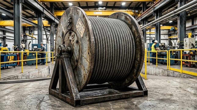 Industrial steel cable roll in a modern factory setting with sharp metallic textures and realistic industrial wear. The cable is