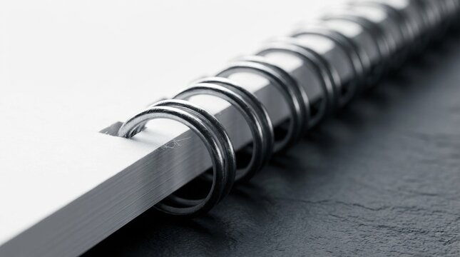 Macro view of a metallic wire spiral notebook binding with a crisp white paper edge and subtle shadows on a dark surface. High-end