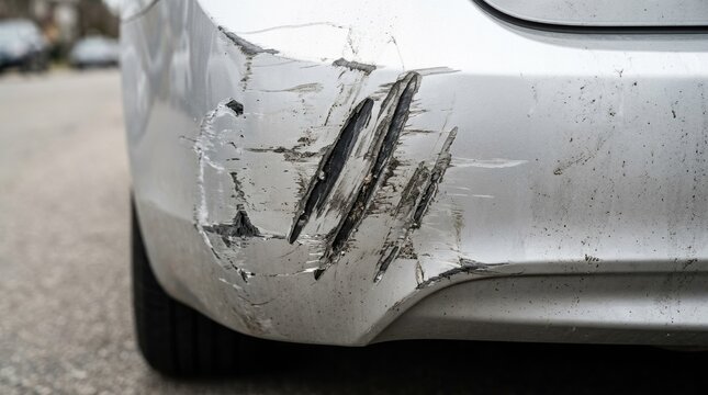 Deep scratches and paint scuffs on a silver car bumper captured in a high-detail close-up shot. This industrial damage view