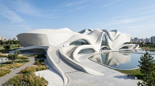 Sleek modern white architecture with a minimalist aesthetic and a rhythmic pattern of curved surfaces under bright light. The