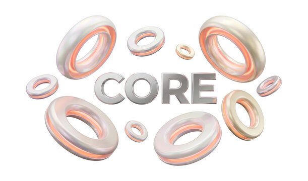 Floating 3D rings and toroids with iridescent metallic finish around a neon core text subtitle