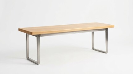 Fototapeta premium Sleek modern wooden bench with a minimalist aesthetic and silver metallic legs on a clean white field. This designer furniture