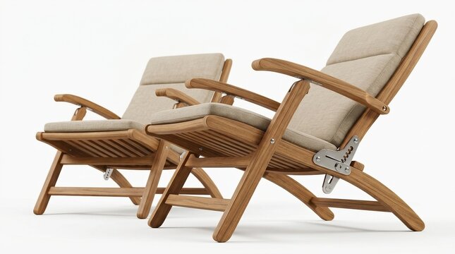 Wooden deck chairs featuring intricate textures and a subtle satin sheen on a white background with sharp edges and soft shadows.