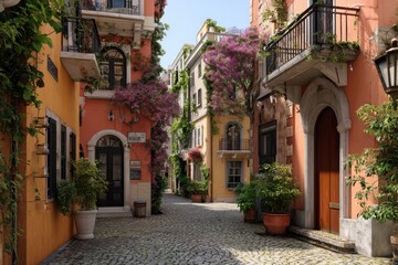 Fototapeta premium Picturesque Mediterranean Alleyway: A Charming Cobblestone Pathway