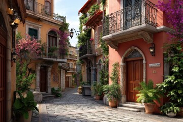 Obraz premium Picturesque Mediterranean Alleyway: A Charming Cobblestone Pathway