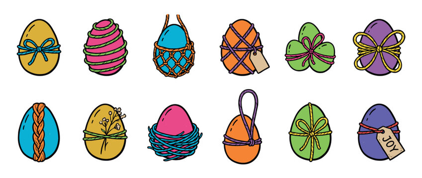 Colorful collection of twelve hand-drawn Easter eggs decorated with ribbons, bows, strings, and tags in a festive doodle style illustration for a spring holiday celebration