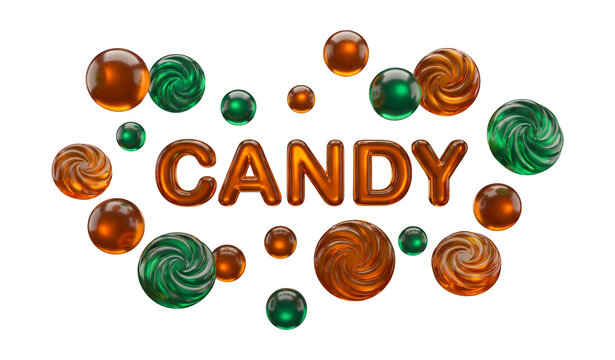 Glossy jewel toned 3D hard candy collection with candy text isolated on white background for food marketing