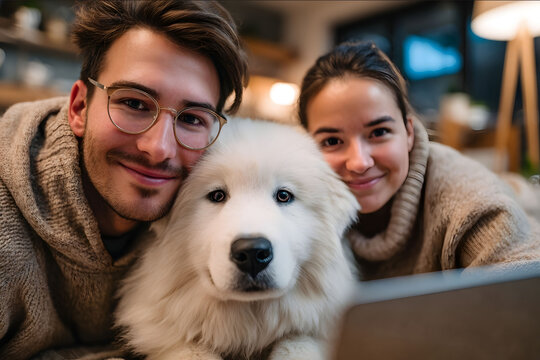 Couple chill dog love home lifestyle dwelling laptop leisure ultra realistic photorealistic 85mm lens f28 cinematic lighting sharp focus RAW photo DSLR qua
