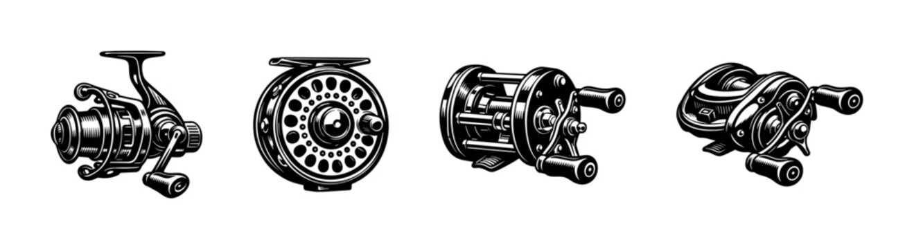 Black and white vector illustration of various fishing reels in detailed silhouette style