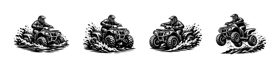 Dynamic black and white quad bike riders illustrations silhouette set © UnIcons