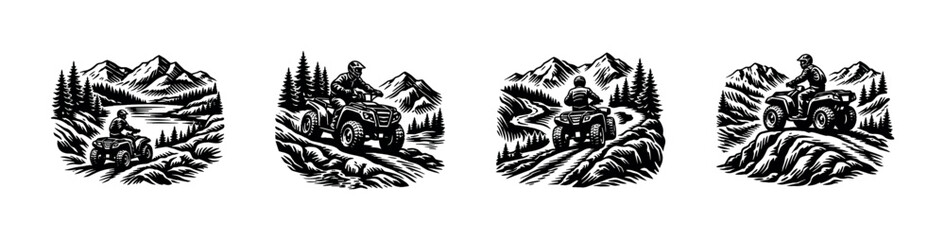 Off-road adventure illustrations featuring atv riders navigating mountainous terrain silhouette style © UnIcons