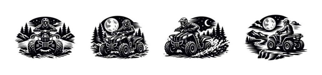Atv adventure illustration set with night landscape elements black and white vector silhouettes © UnIcons
