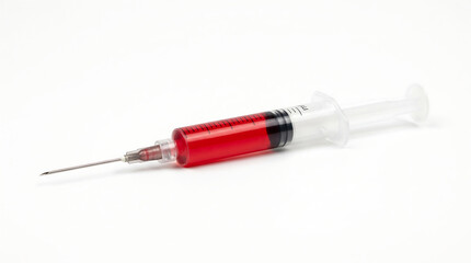 Fototapeta premium Syringe with red liquid isolated on white background, medical injection concept