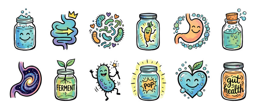 Colorful hand-drawn gut health and digestion icons featuring cute bacteria, smiling organs, and fermented food jars in a whimsical cartoon doodle style for wellness and nutrition