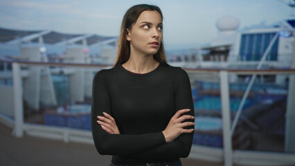 Fototapeta premium Woman with arms crossed on cruise ship deck, wearing black long sleeve top, rolling eyes toward horizon; annoyance.