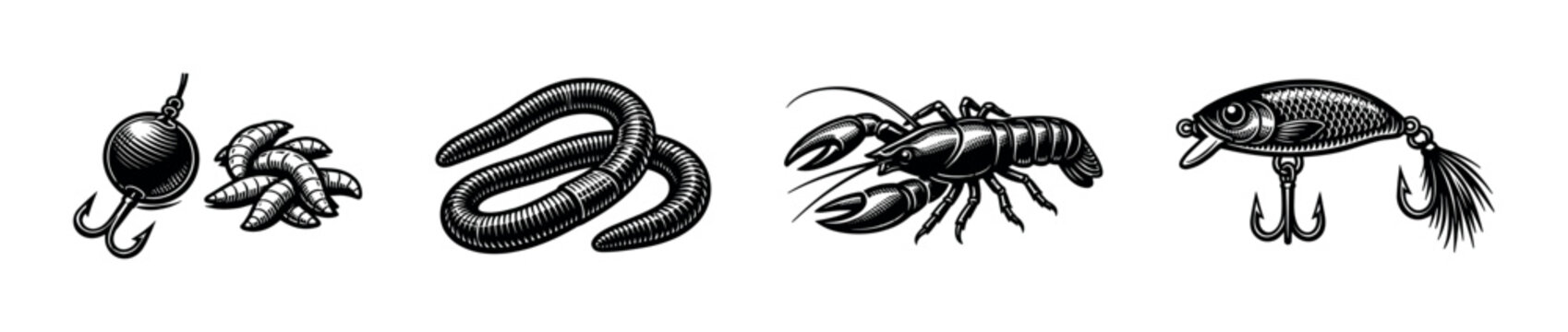 Fishing equipment vector art with lures worms and hooks in black and white illustration